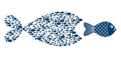 Teamwork concept a lot of small fishes creates team in a shape of big fish and trying to eat bigger fish vector illustration, motivational poster or banner.