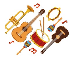Acoustic music instruments composition vector flat illustration isolated on white, rock ballads concert or festival, live sound fest, rock musical bands.