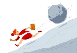 Business woman run from a stone symbolizes problems such as debt crisis or taxes vector illustration, funny comic cute cartoon businesswoman worker or employee in a rush.