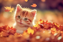 Photo of a fluffy yellow cute kitty in the autumn garden with falling leaves