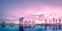 Purple scenic sunset and skyline of downtown district and Marina bay, Singapore