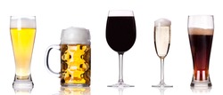 Collection of different images of alcohol isolated on a white background