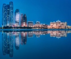 View of Abu Dhabi Skyline at evening time, United Arab Emirates