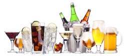 different images of alcohol isolated - beer,martini,soda,champagne,whiskey
