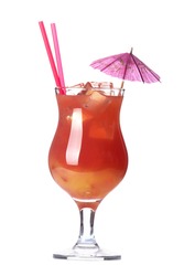 alcoholic cocktail  with umbrella and tube isolated on white background