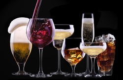 different images of alcohol  - beer, martini, cola, champagne, wine, juice, scotch, whiskey