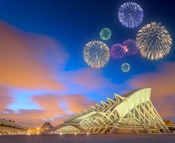 Beautiful fireworks above modern european architecture and museum, Valencia Spain