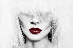black and white portrait with red lips