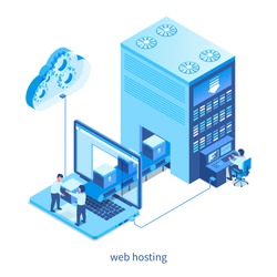 Web hosting concept. Isometric design concept on cloud computing theme. Vector illustration mock-up for website and mobile website. Landing page template