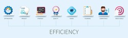 Efficiency concept with icons. Optimization, project, strategy, quality, vision, planning, competence, reach goals. Business concept. Web vector infographic in 3D style