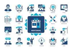 Mentoring icon set. Communication, Mentor, Brainstorm, Learning, Goal Setting, Inspiration, Tutorial, Career. Duotone color solid icons