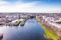 An aerial view of the River Corrib, the Claddagh Basin and the street known as The Long Walk in Galway, Ireland.