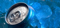 top of drink tin can iced submerged in frost ice, metal aluminum beverage.