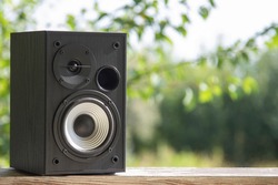 Acoustic sound speakers on nature background. Multimedia, audio and sound concept. Copy space. The musical equipment. Close-up.