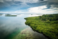Panama. Tropical Island Aerial View. Wild coastline lush exotic green jungle. Red Frog Beach in Bastimentos Island, Bocas del Toro, Central America, Panama.