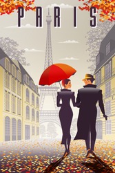 Loving couple in Paris in the fall. Handmade drawing vector illustration. All objects are grouped and divided into layers.