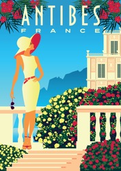 Woman on vacation on French Riviera coast. Vintage poster. Handmade drawing vector illustration. Art Deco style.