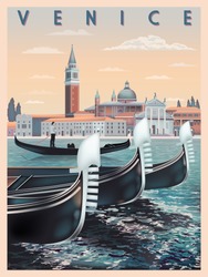 Early morning in Venice, Italy. Travel or post card template. All buildings are different objects. Handmade drawing vector illustration. Vintage style.