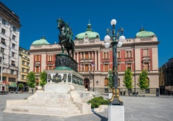 Belgrade, Republic Square, National Museum, the Statue of Prince Michael by summer day
