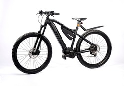 Black E-mountain bike photographed in the studio on a white background