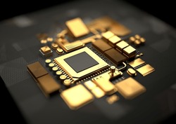 Technology background with 24k gold CPU and motherboard chipset components. 3D illustration render
