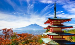 Mt. Fuji with red pagoda in autumn, Fujiyoshida, Japan