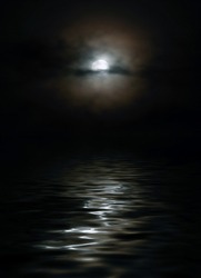 moon in clouds above a nightly lake, is a lunar road