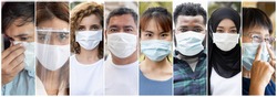 Collage of people around the world wearing face mask, concept of taking precaution measure, social distancing, coronavirus new normal lifestyle, COVID-19 vaccine complimentary protection