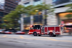 Fast moving fire engine on city street. Firefighters in blurred motion. Themes rescue, urgency and help.