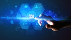 Hand touching SSL inscription, new technology concept