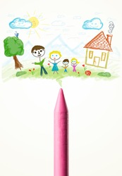 Colored crayon close-up with a paint drawing of a family