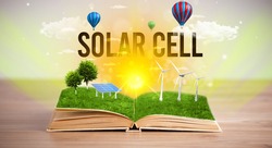 Open book with SOLAR CELL inscription, renewable energy concept
