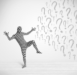 3d human character is body suit morphsuit looking at hand drawn question marks