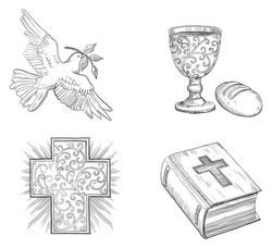 Icon set of Dove with olive branch, Religious cross, Bread,  gold Chalice with Wine and  Bible  at doddle style