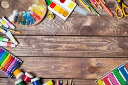 Items for children's creativity, School supplies on the table 