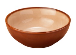 Empty brown ceramic bowl with a beige center. The subject is isolated on white and includes a clipping path. 