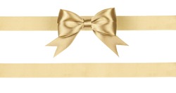 Gold satin ribbon fabric bow isolated on white background.