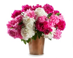 bouquet of white, pink and red peonies in a copper bucket isolated on white background.