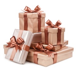 Gold box with gifts and brown bow 