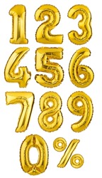 design element. golden balloons numbers 0-9 and percent sign Isolated on white background.