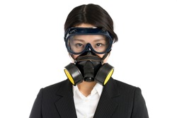 Asian business woman wearing gas mask, isolated on white background