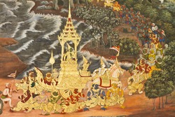 Traditional Thai style art painting in Wat Phra Kaew, Bangkok Thailand.