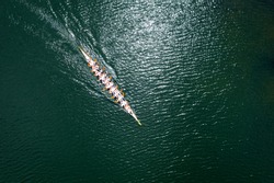Sport dragon boat of 20 paddlers, top view