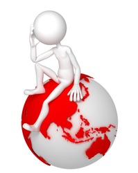 3d man sitting on Earth globe in a thoughtful pose. Asian and Australian side. Isolated white background