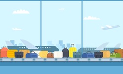 Airport luggage conveyor belt. Cartoon image