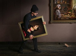 Thief in museum. Surrealistic image with painting comes to be alive.