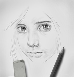 pencil drawing of of beautiful girl with big eyes