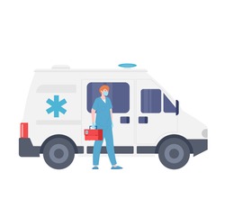 Male emergency doctor, ambulance car, vector cartoon medic character. Paramedic service, first aid, physician in uniform, illustration isolated on white. Medical help and transportation concept