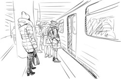 group of girls in warm winter clothes, coats and hats are standing on metro platform waiting for train open doors. City sketch vector drawing, Hand drawn illustration black on white