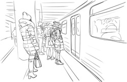 People in warm winter clothes, coats and hats are standing on metro platform waiting for train open doors. City sketch vector drawing, Hand drawn linear illustration black on white. 